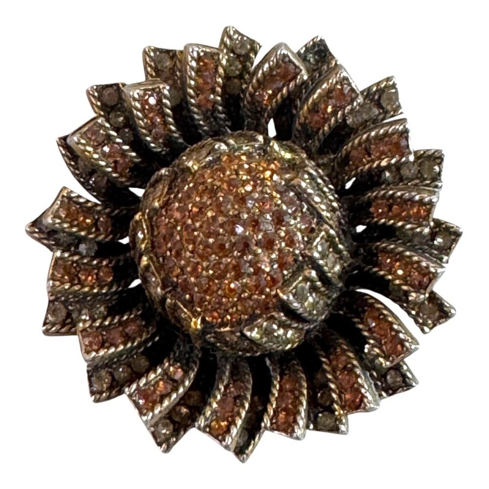 Vintage HAR Gold-Tone Sunflower Brooch Glass Amber Rhinestones 2" Repair READ